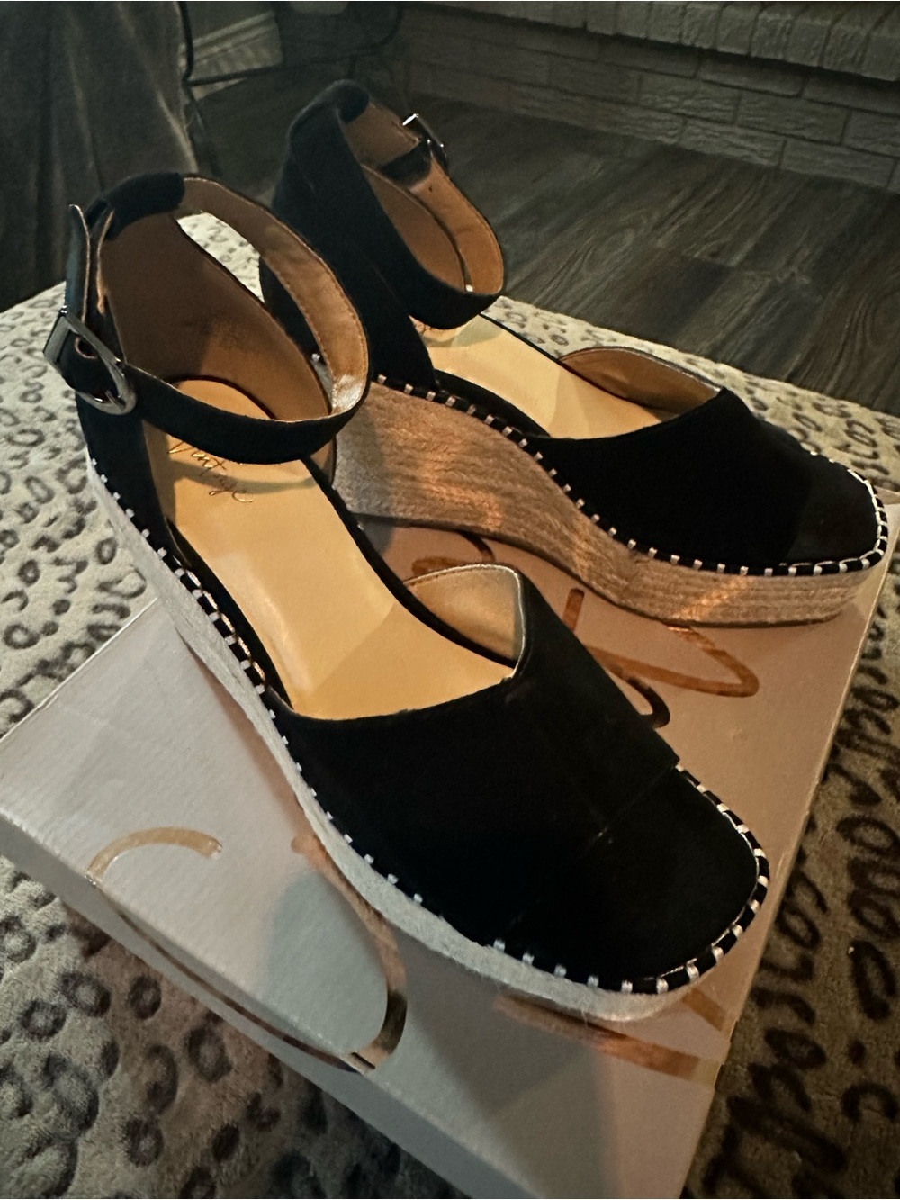 Crown Vintage Black Espadrille Wedge Sandals with Ankle Strap